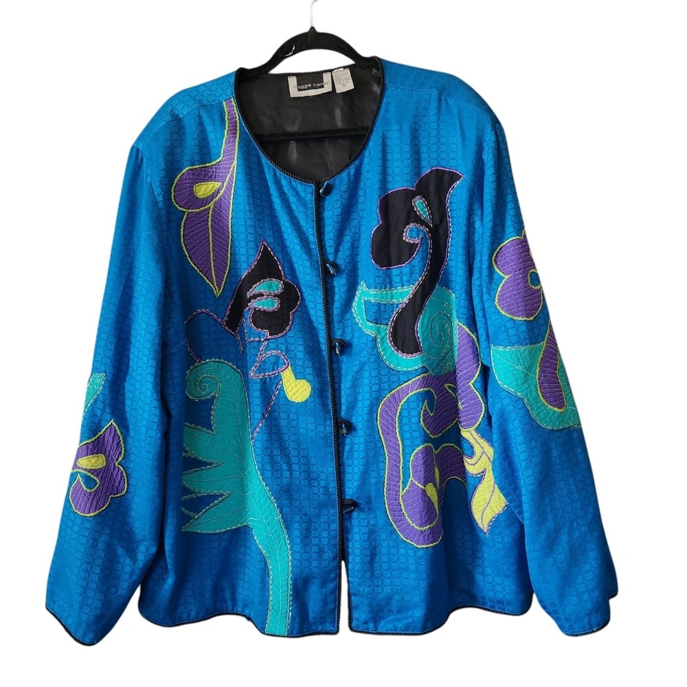 Maggie Barnes Jacket Women's 3X Folk Art Applique Asian Blue Colorful Long Sleev